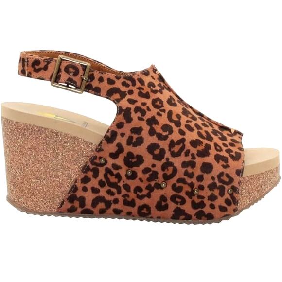 Volatile Division Microsuede Wedge Cork Covered Sandals Leopard 9 - Picture 1 of 10